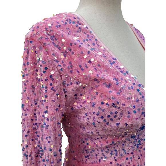 NWT Bubblegum Pink Sequin Short Dress Long Sleeves Open Corset Back - Picture 8 of 10